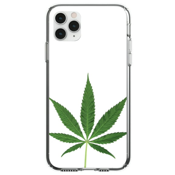 DistinctInk Clear Shockproof Hybrid Case for iPhone 11 Pro MAX (6.5" Screen) - TPU Bumper, Acrylic Back, Tempered Glass Screen Protector - Marijuana Leaf Photo
