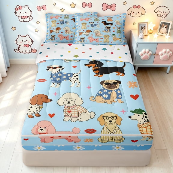 Manfei Cute Dog Lover Zipper Twin Comforter Sets with Fitted Sheet and 2 Pillowcases, Cartoon Daisy Zipper Bedding Set, Light Blue, Polkadot Reversible, 4pcs