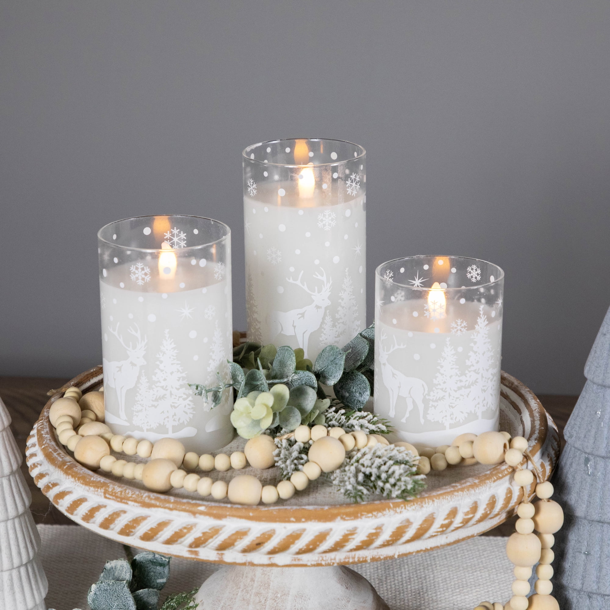 Northlight LED Flameless Flickering Snowy Woodland Glass Christmas Pillar Candles - 6" - Set of 3
