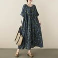 thumbnail image 7 of Womens Oversized Loose Dresses 1/2 Sleeve Retro Floral Maxi Dresses Maternity Cotton Pleated Casual Dresses Blue, Free Size, 7 of 7