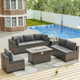 thumbnail image 2 of ALAULM 8 Pieces Outdoor Patio Furniture Set with Propane Fire Pit Table Outdoor Sectional Sofa Sets Patio Furniture 43" Gas Fire Pit Brown PE Rattan Patio Conversation Set w/6 Cushions, Gray, 2 of 10