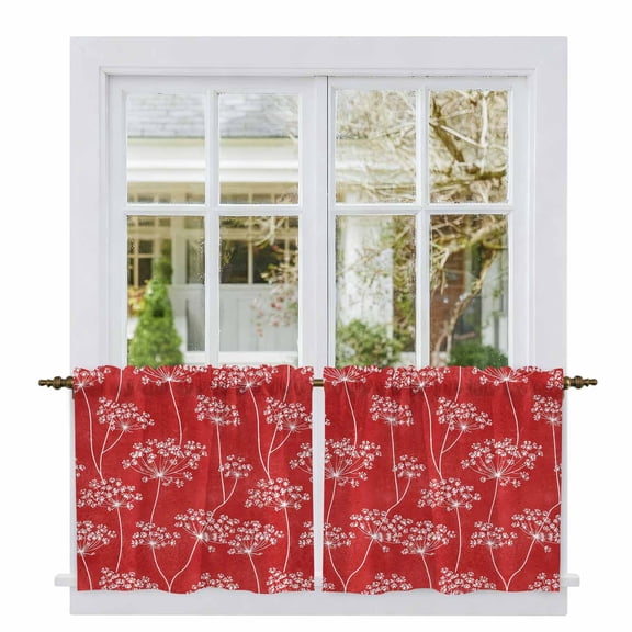 Spring Flowers Tier Curtains 24 Inch Length, Retro Country Dandelion Floral Red Cafe Short Curtains for Bathroom Over Sink, Small Kitchen Curtain Light Filtering Tiered Drapes 2 Panels 27.5"Wx24"L