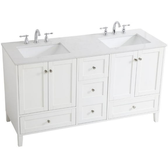 Pemberly Row Modern 60" Double Quartz Top Bathroom Vanity in White
