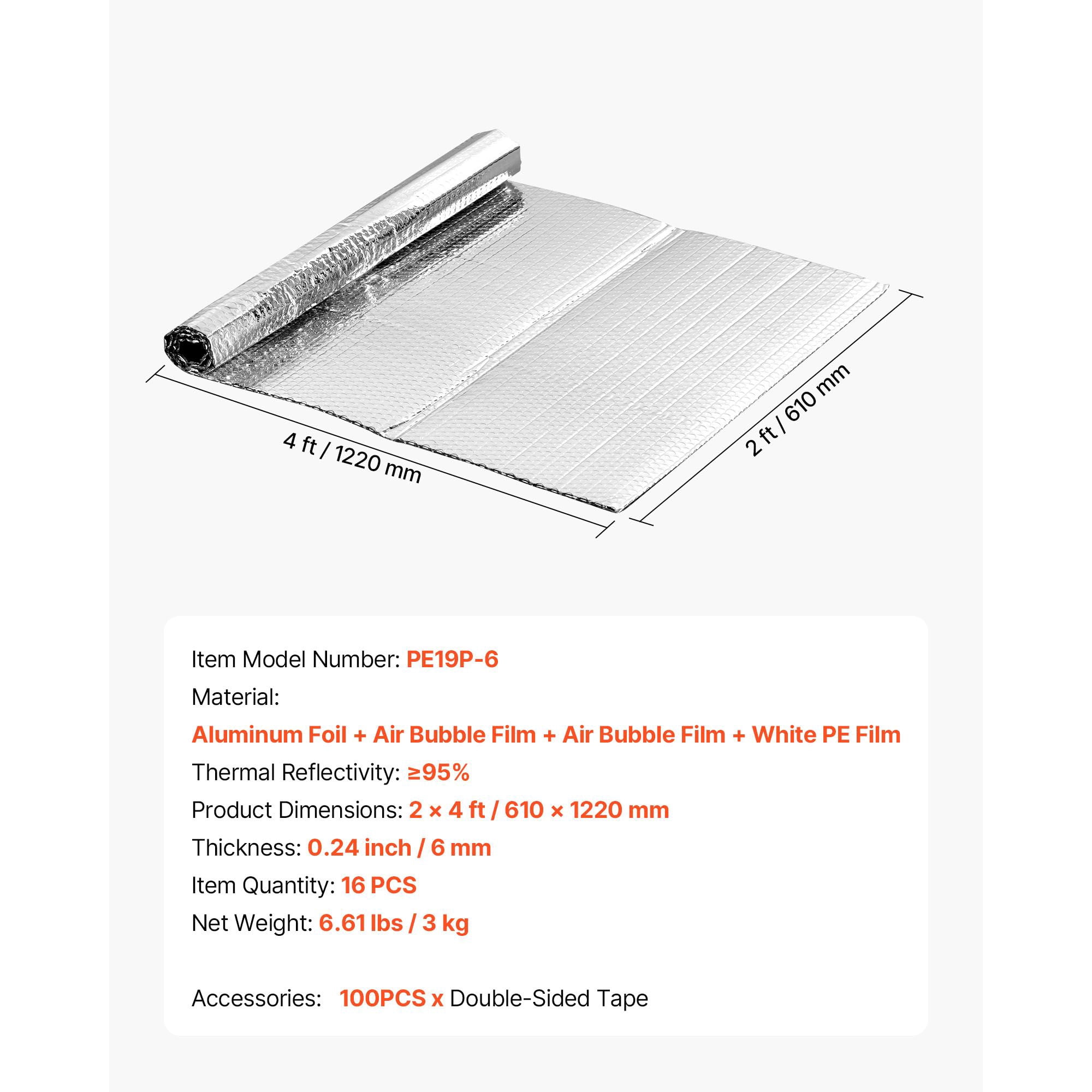 Double Reflective Insulation Sheet 16-Pack, 4ft x 24in, ≥95% Heat Reflectivity, 6mm Thick, for Garage Door Window Roof Insulation