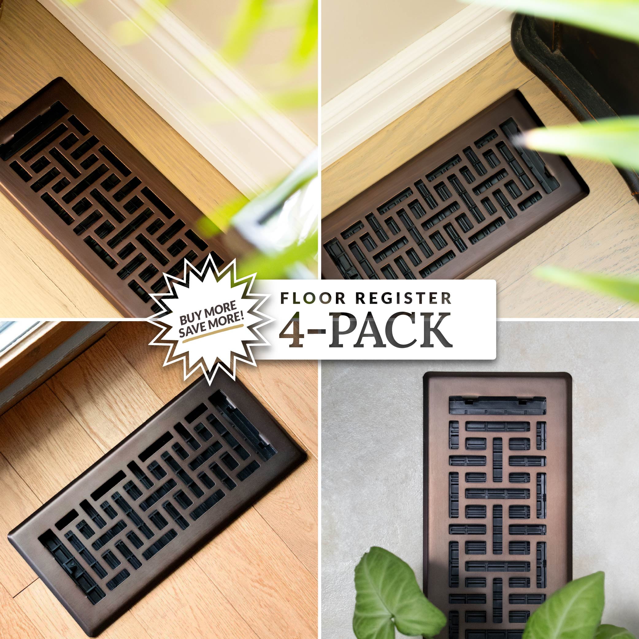 Decor Grates (4-Pack) 4x10 Oriental Floor Register Vent Cover, Adjustable Airflow Control, Rubbed Bronze (AJH410-RB)