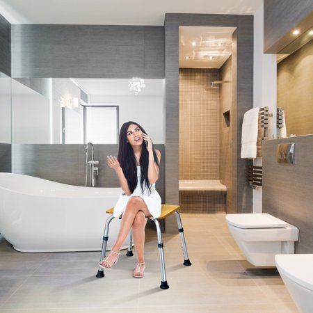 Costway Bamboo Bath Seat Shower Chair Square Shaped Stool ...