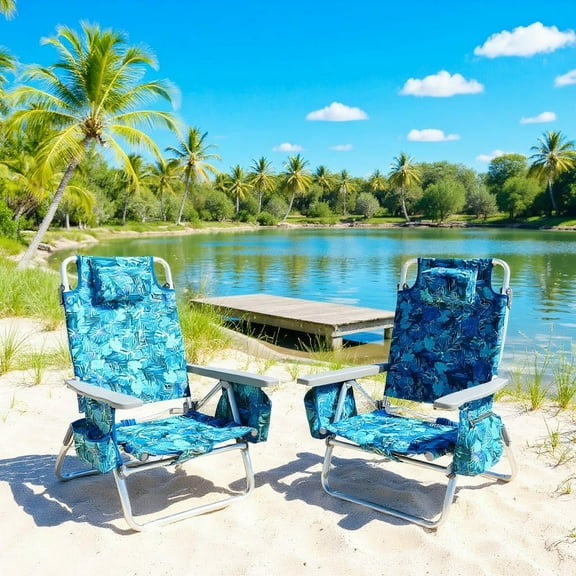 Resenkos 2-Pack Folding Backpack Beach Chair 5-Position Outdoor Reclining Chairs with Pillow-Navy, Patio Lawn Webbed Folding Chairs, Outdoor Beach Portable Camping Chair for Yard, Garden Dining