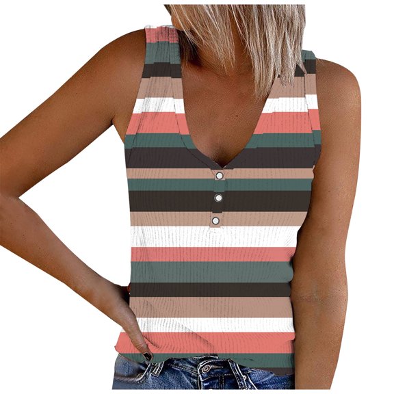 ZyeKqe Casual Tops for Women Sleeveless V Neck Striped Tank Top Ribbed Knit Stretchy Slim Basic Tees T Shirts