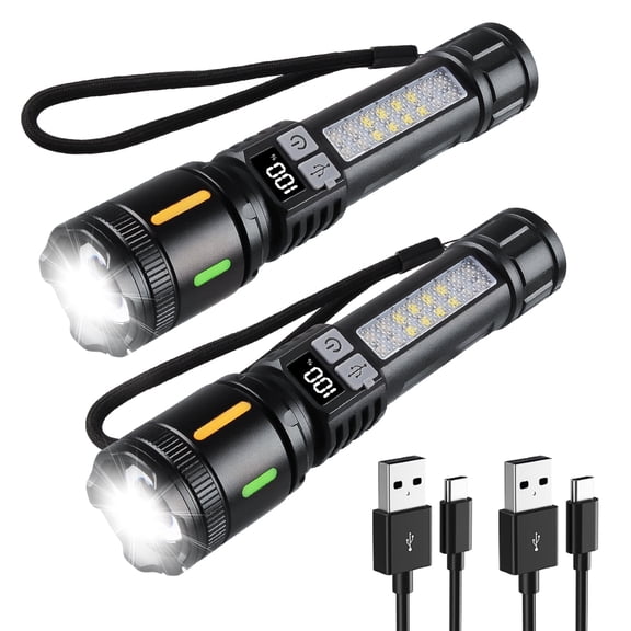 FiveBox LED Flashlights 2 Pack, 2000 Lumens Zoomable Rechargeable Flash Light, 5 Modes Super Bright Torch with Power Display, IPX5 Waterproof Handheld Flashlight for Outdoor Camping Hiking Emergency