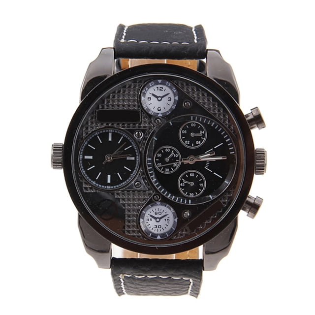 ColoMX Oulm 9316 Cool Reloj de pulsera de cuarzo con pantalla de doble hora y esfera redonda grande para hombre con correa de PU (negro)