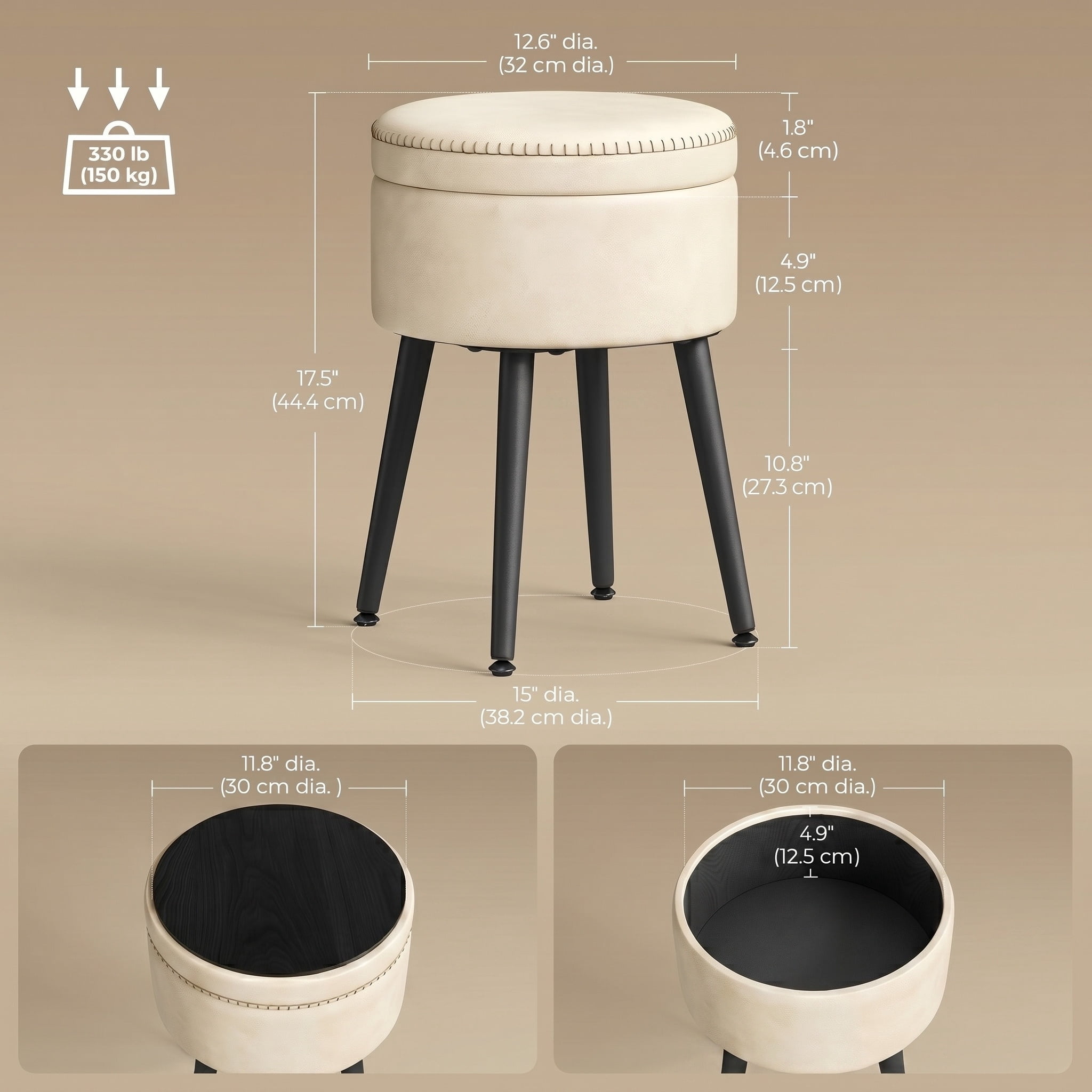 Nordic Hygge Round Storage Vanity Stool, Cream White