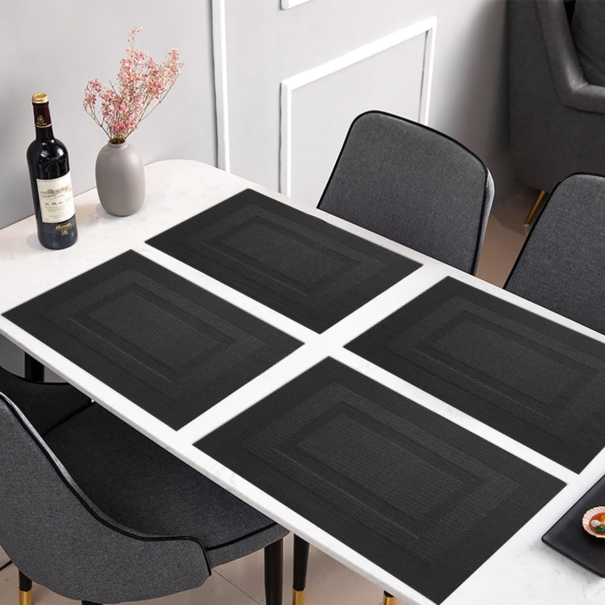 Placemats,Washable Woven Vinyl Durable Placemats for Dining Table,Easy to Clean Plastic Placemats Set of 6 (18 x 12 inches, Pure Black)