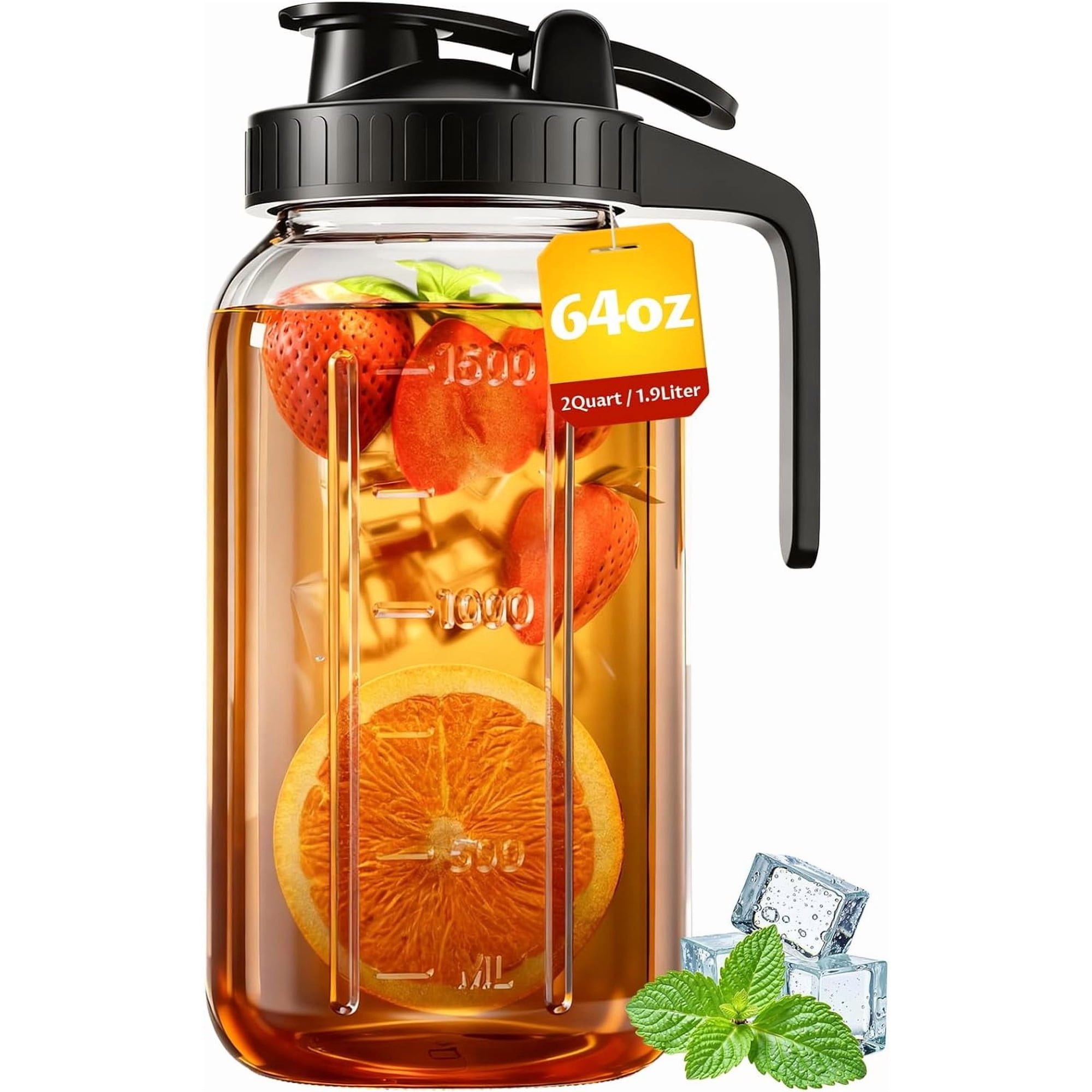 64 oz Mason Jar Pitcher – Airtight & Leakproof Glass Pitcher with Lid, Perfect for Iced Tea, Sun Tea, Cold Brew, Breastmilk, 2 Quart (1/2 Gallon) Mason Jar with Pour Spout Lid Flip-Cap & Handle