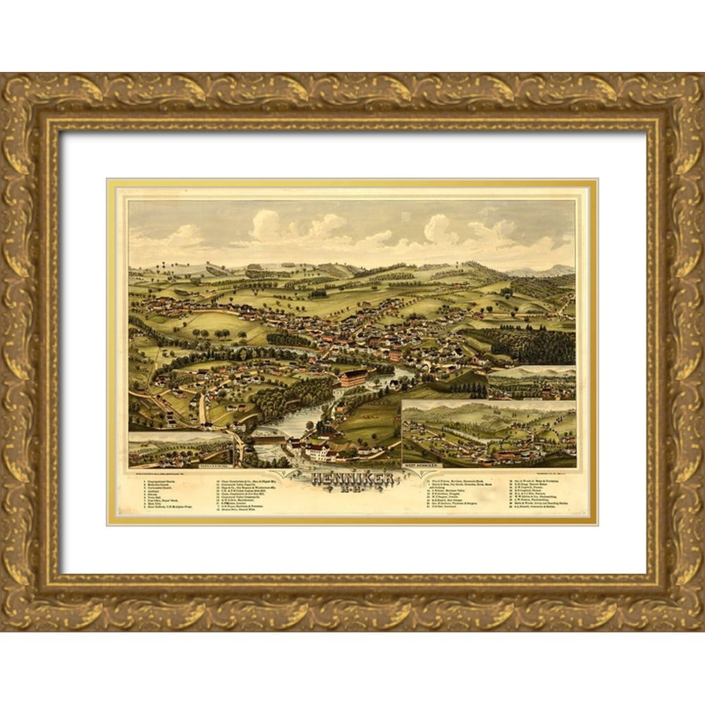 Vintage Maps 32x23 Gold Ornate Wood Framed with Double Matting Museum Art Print Titled - Henniker-New Hampshire 1889
