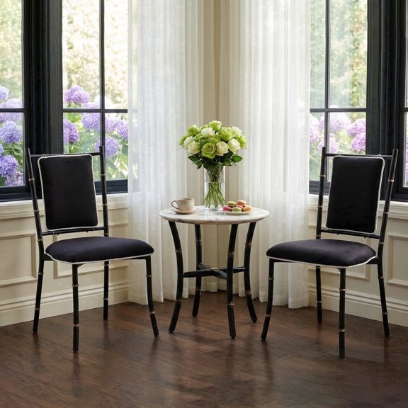 BIANCHINI Taylor Modern Black Gold Metal Bamboo Stackable Dining Side Chairs Set of 2, White Piping