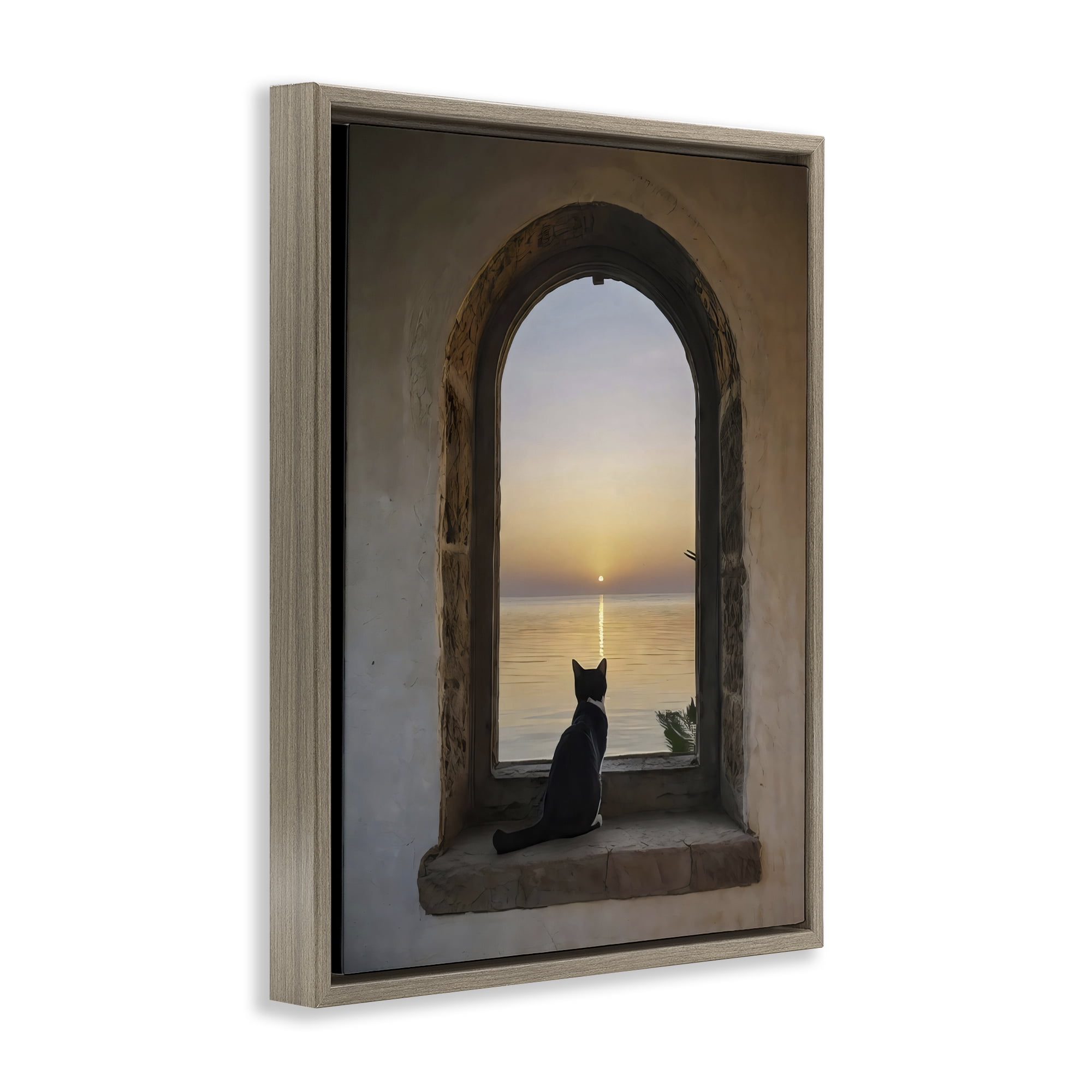 Stupell Industries Cat Overlooking Water at Sunset Brown Framed Floater Canvas Wall Art, design by Creative Studio