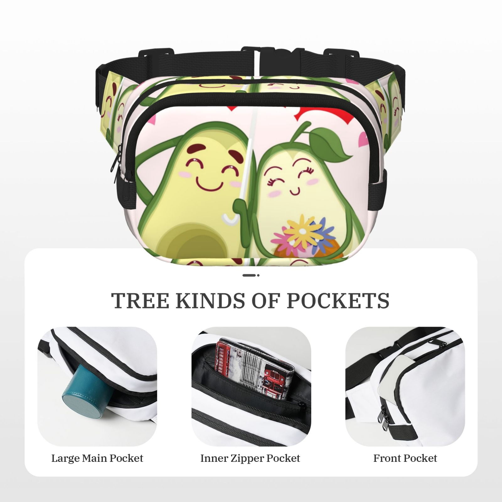 Fuzoiu Avocado Lovers Wearing Umbrella Print Unisex Square Double Layer Waist Bag,Crossbody Fanny Pack Travel Workout Accessory