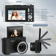 W&O Q5 4K Digital Camera, 180° Flip Screen Point and Shoot Camera with Ring Light, SD Card, Black