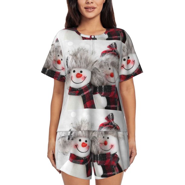 Fotbe Christmas Snowman With Hat Conjunto de Pijama Estampado para Mujer, 2 Piezas, Ropa de Dormir con Camiseta de Manga Corta y Shorts Suaves-X-Large