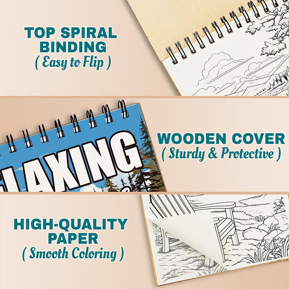 Netecom Relaxing Landscape Coloring Book Spiral Bound for Adults, A5 Wooden Cover, 30 Tranquil Scenes Coloring Pages of Peaceful Moments for Stress Relief and Relaxation