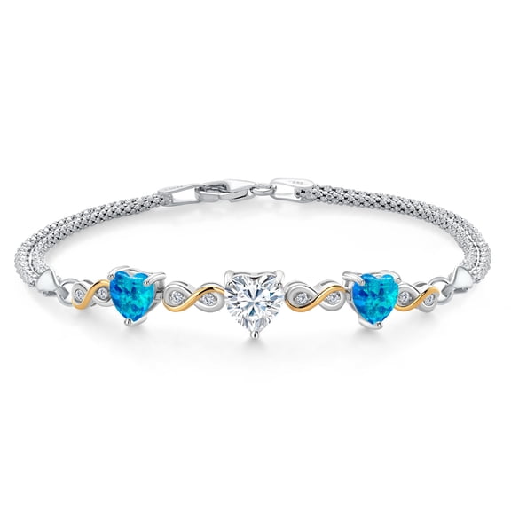 925 Silver and 10K Yellow Gold White Moissanite and Simulated Blue Opal and Lab Grown Diamond Bracelet for Women | 2.95 Cttw | Gemstone Birthstone | Heart Shape 7MM | 6.5/7/7.5 inch, Made in Italy