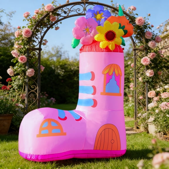 6FT Spring Inflatable Pink Rain Boots with Flowers & LED Lights for Outdoor Garden Yard Party Decor
