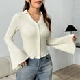 thumbnail image 2 of biudgviw Button Down Shirts for Women Slim Fit Bell Sleeve Blouses Lightweight Comfy Lapel V Neck Crop Tops Going Out Outfits, 2 of 5