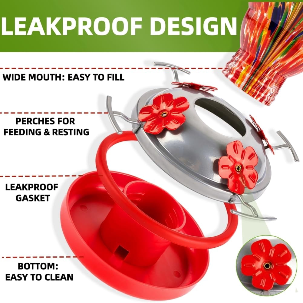 Hummingbird Feeder Red-Firework Hand Blown Glass 32 Ounce Outdoor Patio Use