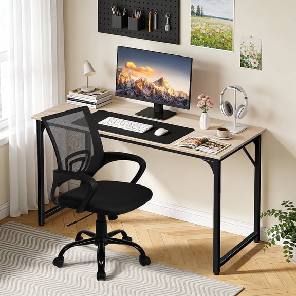 Dkelincs 40 inch Computer Desk and Chair Set Home Office Modern Wood Study Desk & Mesh Ergonomic Height Adjustable Office Chair for Small Spaces, Nature & Black