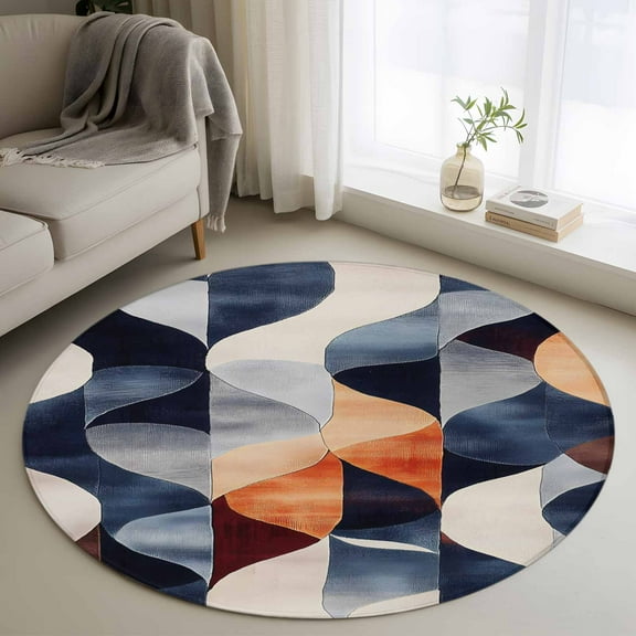 Navy Blue Burnt Orange Round Area Rug 4 FT, Non Slip Indoor Outdoor Rug, Geometric Retro Abstract Washable Soft Circular Carpet Non-Shedding Floor Mat for Coffee Table Nursery Foyer Balcony