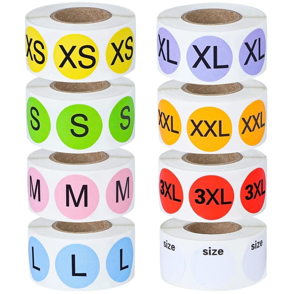 Elcoho 4000 Pieces 8 Pack Round Self-Adhesive Clothing Size Stickers, 7 Assorted Sizes with 1 Blank Roll Labels for Garment Apparel Tagging