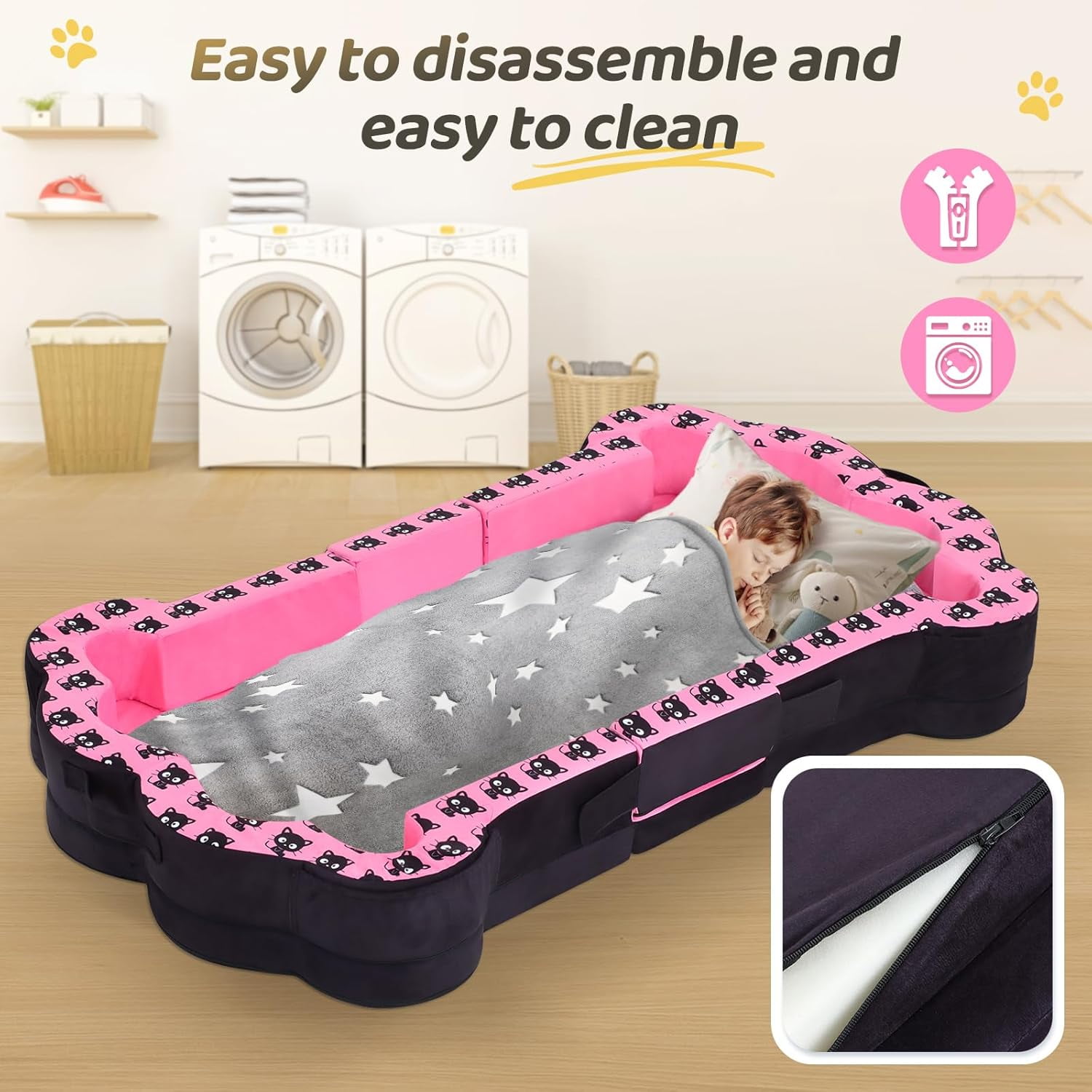 Datingday Black Pink Portable Toddler Bed,Soft,Safe and Washable Toddler Floor Bed for Toddlers,Foldable Toddler Travel Bed for 1-3 Kids(Black,S)