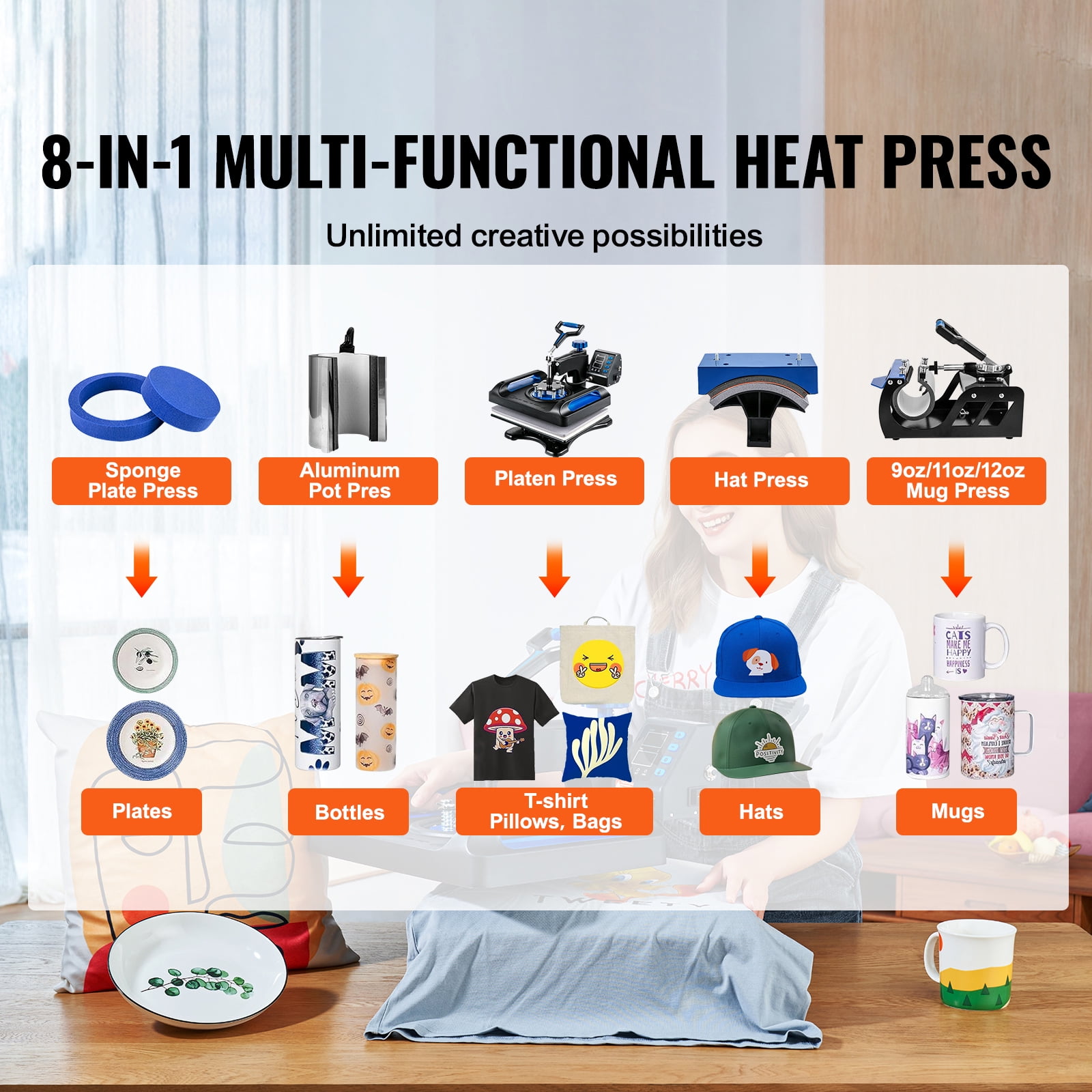 VEVORbrand 8 in 1 Heat Press Machine 12" x 15" upgraded Sublimation Machine 800W Rotation Swing Away Heat Press Dual-Tube Heating for DIY T-Shirts Cap And Mugs