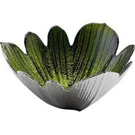 Green Art Glass Bowl 2-Tone Green & Silver Petal Flower Leaf Glass Decorative Display Bowl Dish Modern Art Piece Décor ()
