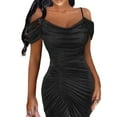 thumbnail image 3 of DYMADE Women Velvet Short Sleeve Backless V-Neck Bodycon Pleated Knee Length Party Dress, 3 of 4