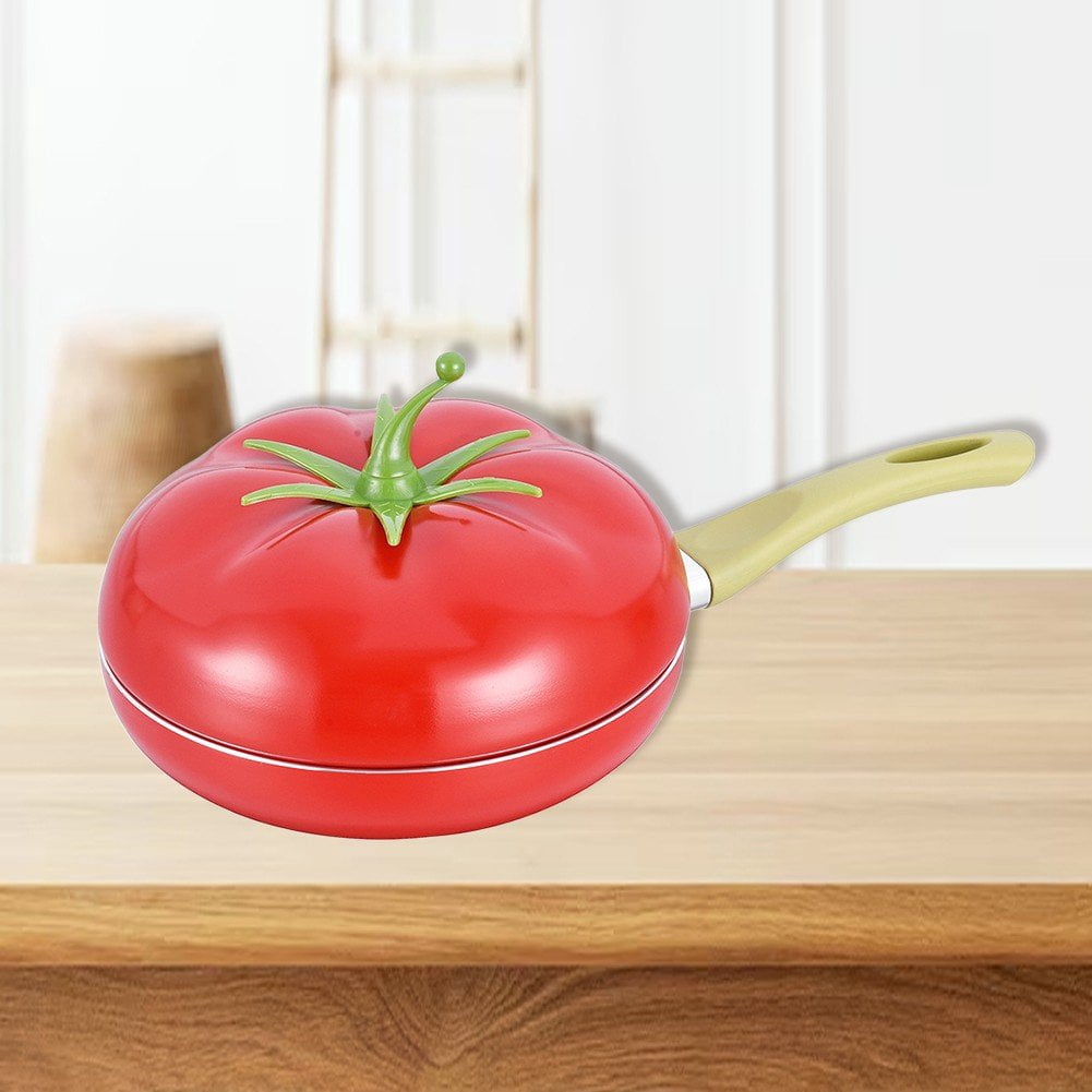 Jiibva 1Pc Red Tomato Shape Non Stick Skillet Frying Pan with Lid for Home Induction Cooker