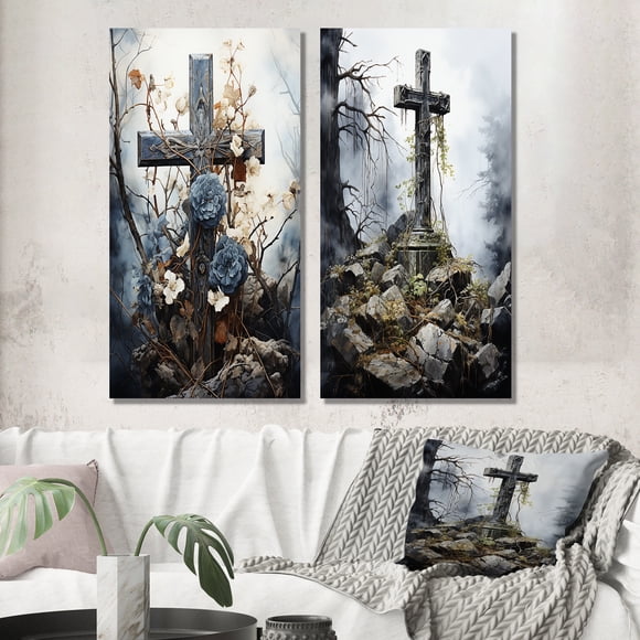 Designart "Sacred Solace Religious Cross wall art II" Christianism Wall Art Set Of 2 - Red Spiritual Wall Decor Set Of 2