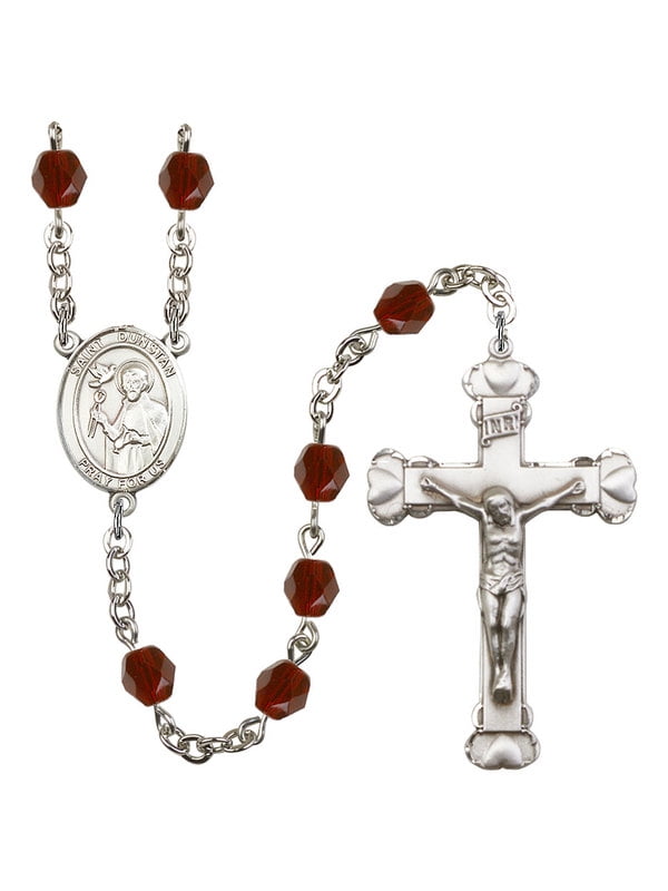 St and 1 5/8 x 1 inch Crucifix Dunstan Center Gift Boxed Silver Finish St Dunstan Rosary with 6mm Saphire Color Fire Polished Beads