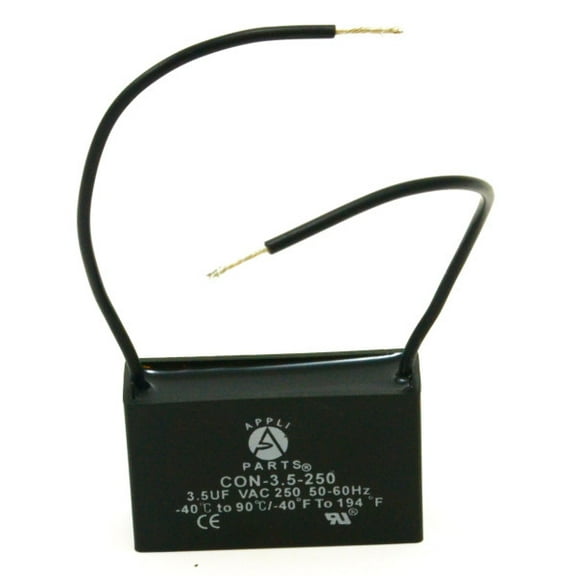 Appli Parts Fan Capacitor 3.5 mfd (microfarads) uf 250 VAC with 2 Wire Terminal Connections compatible with any brand with same capacitance 1-7/8in Width 1/2in Depth 1-1/8in Height CAP-3.5-250-2C