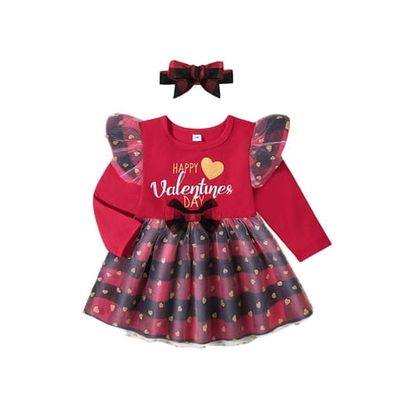 

Fiomva Baby Girl Dress Long Sleeve Round Neck A-Lined Princess Plaid Print Party Midi Red 3-6 Months