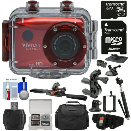 Vivitar DVR786HD 1080p HD Waterproof Action Video Camera Camcorder (Red) with Remote, Helmet, Bike, Suction Cup & Dashboard Mounts + 32GB Card + Case + (Best Bike Helmet Camera)
