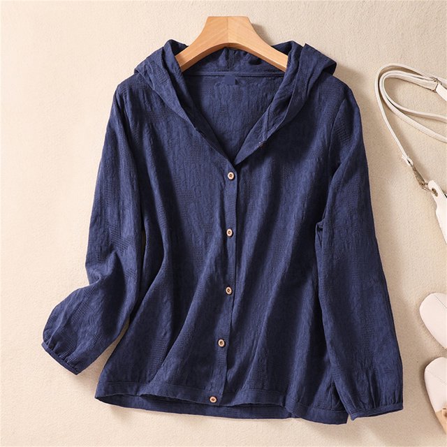 RXIRUCGD Womens Long Sleeve Hooded Blouse Solid Color Oversize Tops Cardigan Button, Navy, Size: 2XL