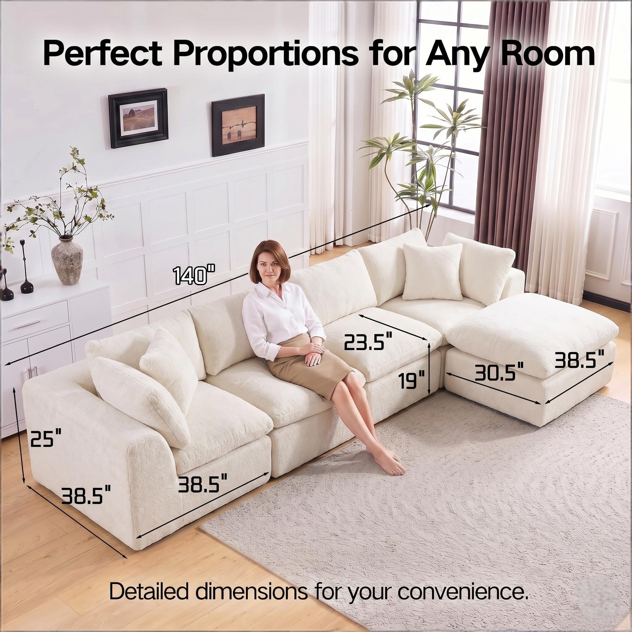 4 Seater Cloud Couch With Ottoman, No Assembly Required Modular Boneless Sofa, Comfy Deep Seat Sectional Sofa for Living Room, Bedroom, Apartment