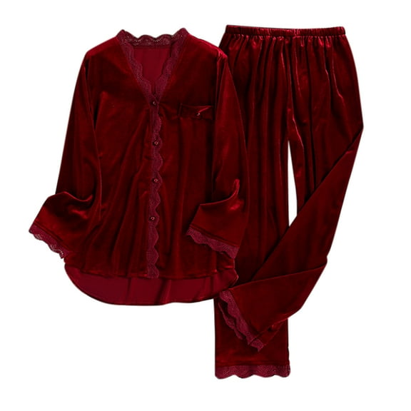 Women's Pajama Sets Winter Warm Outfits Gold Velvet Long Sleeve Shirt Trousers Pjs Sets Sleepwear L