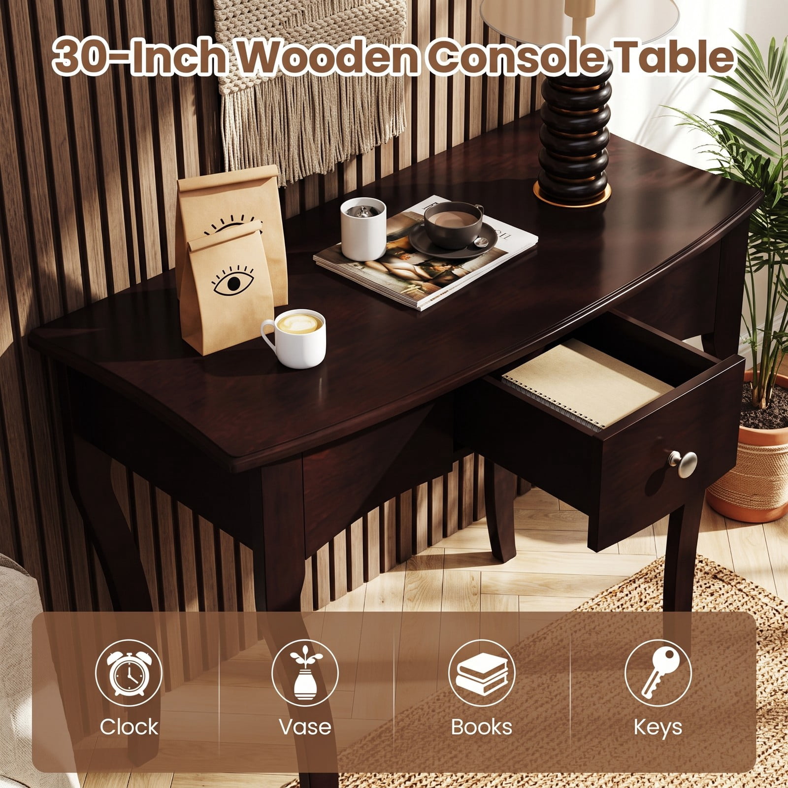 Furnibear Console Table with Storage Drawer and Solid Wood Frame and Curved Cabriole Legs for Entryway and Hallway, Espresso