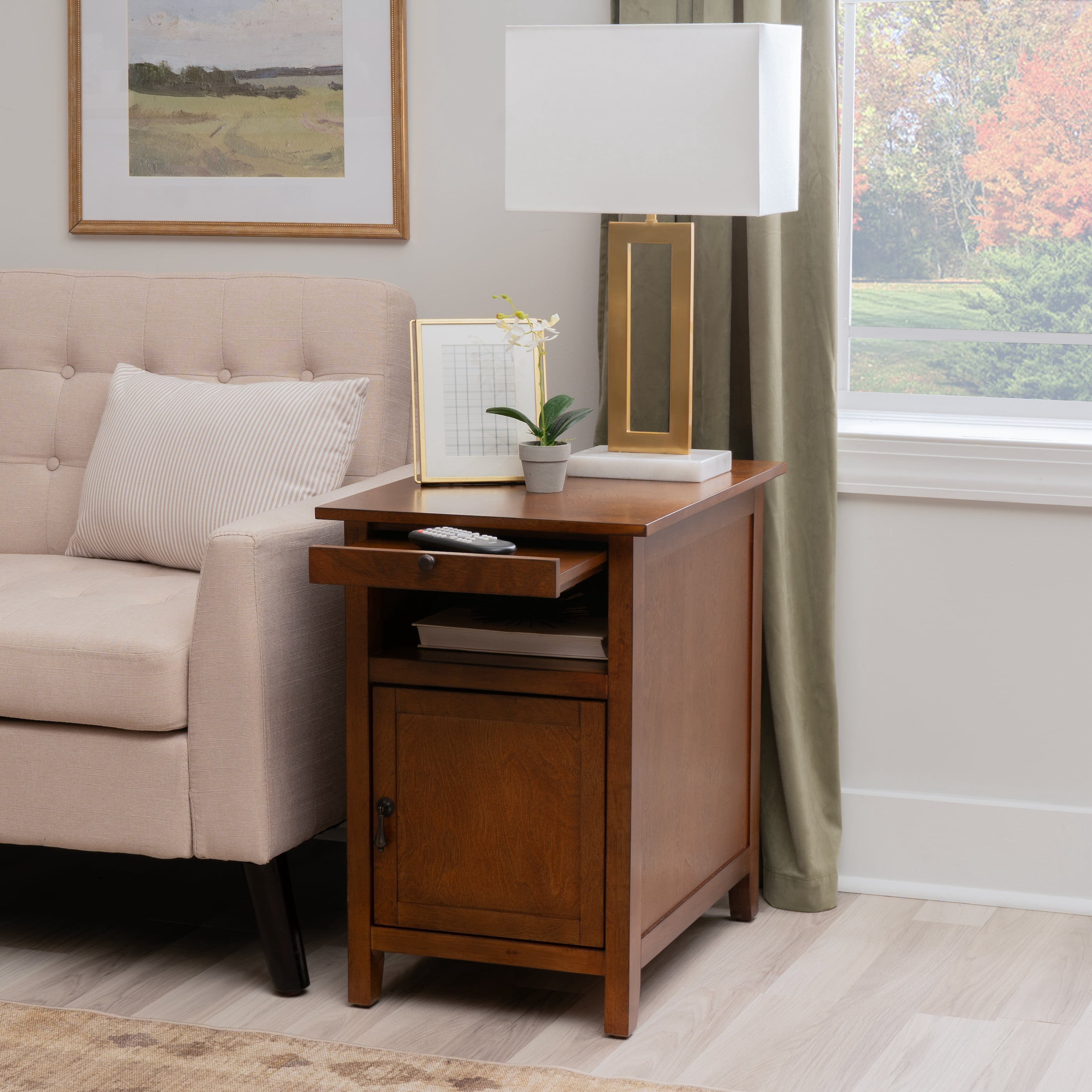 Powell Bryson Indoor Side Accent Table with Storage and Built-In USB Port, Hazelnut