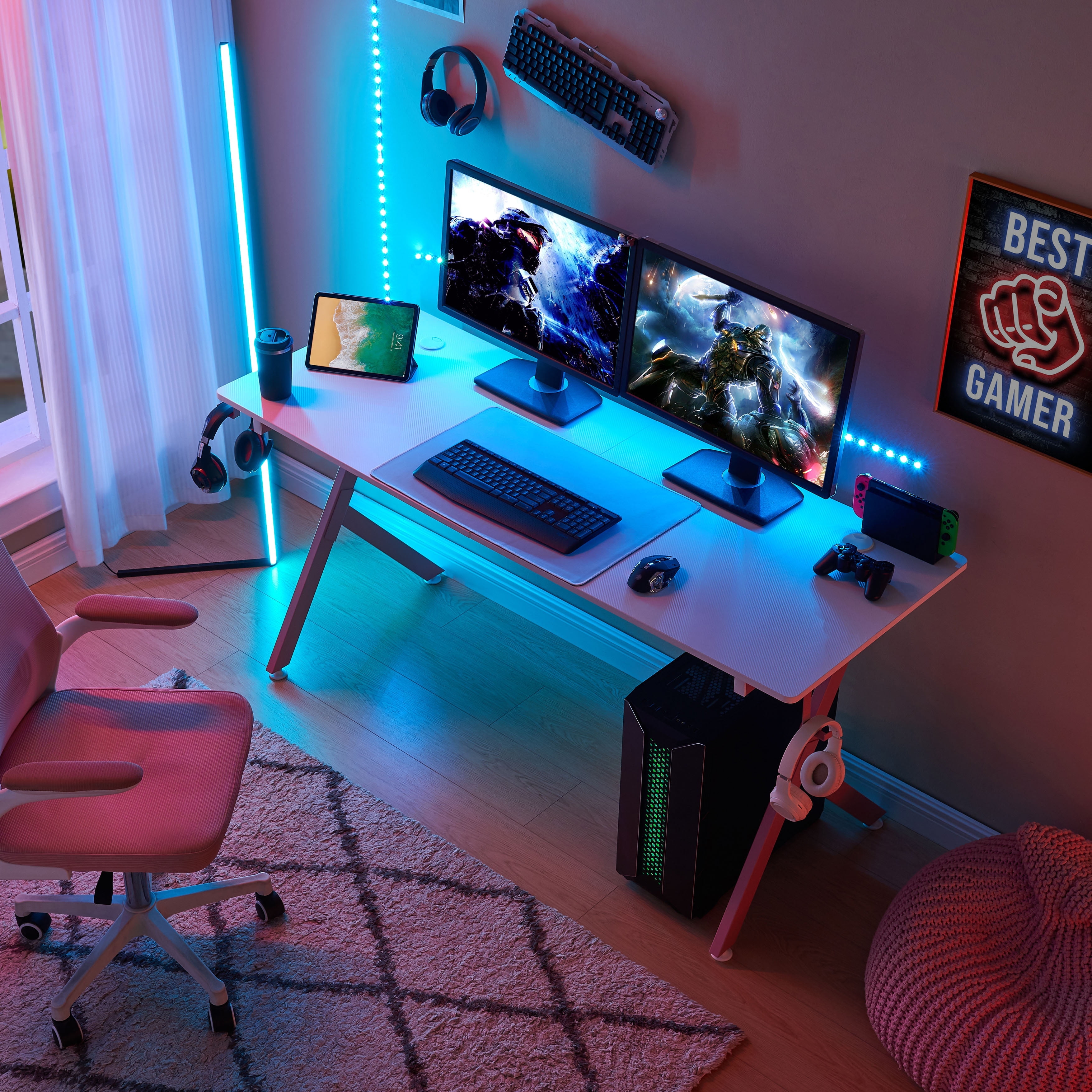 JJS Game Table 63 ", carbon fiber surface computer table, mouse pad, ergonomic e-sports style game table, dual headphone hooks, White pink