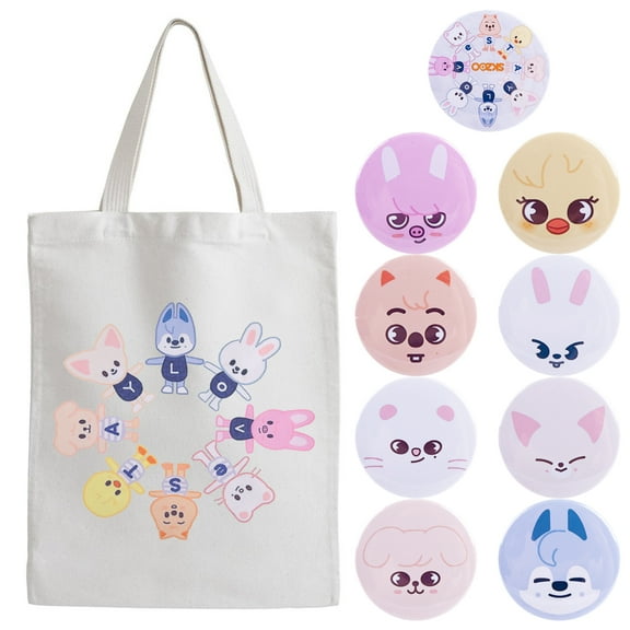 ​STRAY KIDS SKZOO Themed Tote Bag & Enamel Pins Set - 9-Piece Cartoon Animal Badges   Cream Canvas Bag with STAY Letters, Fan Collection​​