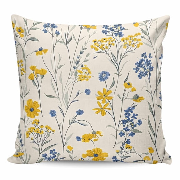 Throw Pillow Covers 18x18 Inch, Spring Florals Decorative Pillow Cases for Couch Sofa Bed, Watercolor Wildflowers Botanical Herbs Cotton Linen Square Home Decor Pillowcases with Hidden Zipper