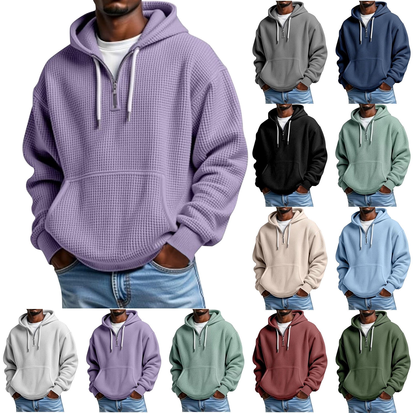 Blekii Men's Waffle Knit Quarter Zip Hoodie, Textured Long Sleeve